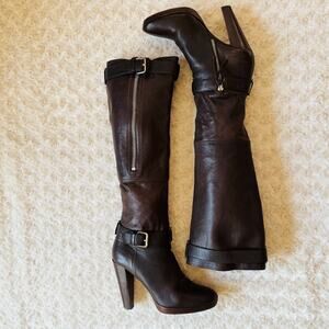Miu Miu Prada Leather Brown Slouchy Knee High Heel Biker Boots Made in Italy 39